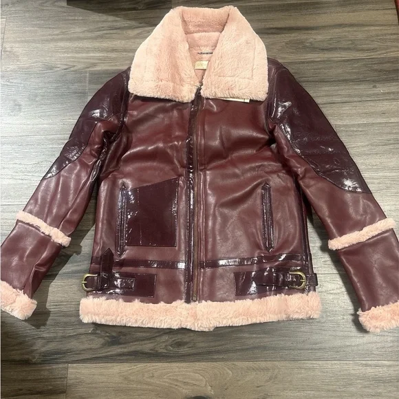 Women's Leather Jacket with Shearling Trim - Picture 2 of 8